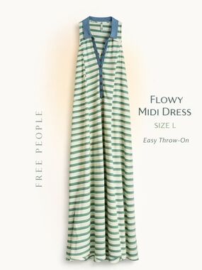 Free People Downtown Midi Dress Striped Green Flowy Collared Size L Boho Beach